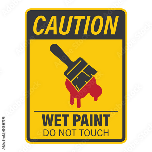 Isolated caution sign warning of wet paint with brush and dripping paint illustration, caution symbol to prevent accidental contact.