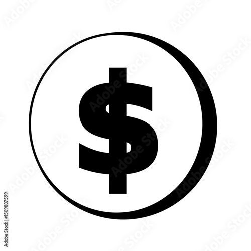 シンプルなモノクロのドルマーク（$）アイコン。 白黒、コイン、お金、通貨、貨幣、背景が透明なベクター。 Simple USD  dollar coins icon sign vector (black and white)