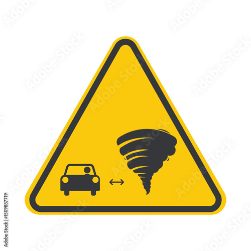 Isolated pictogram of person keeping safe distance from tornado or twister, warning of high-speed wind danger