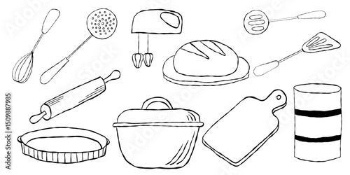 Kitchen utensil set with whisks spatulas rolling pin dutch oven mixer and baking tools