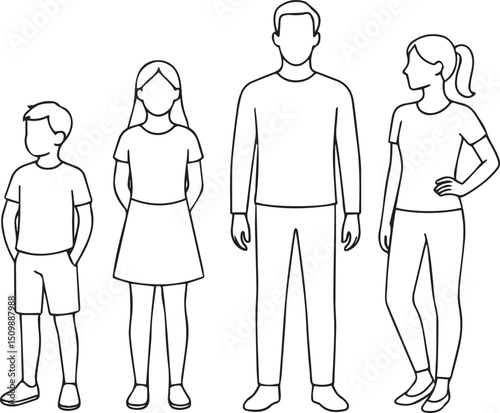 boy, girl, man and woman Line art vector illustration, diverse male and female outline in various standing poses white background