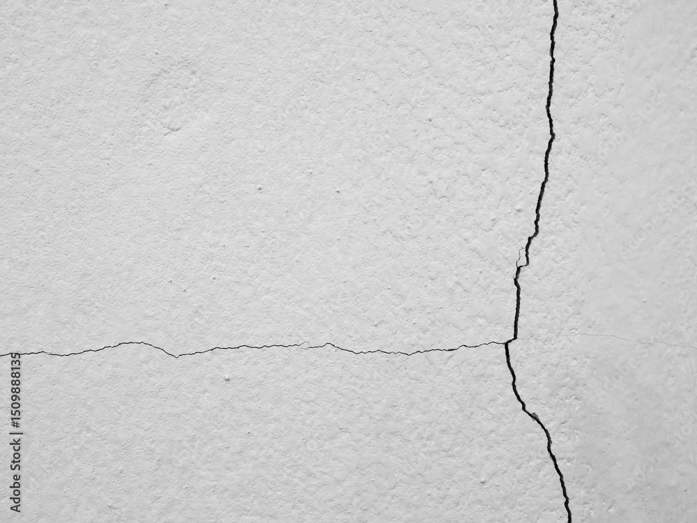 Obraz premium Crack wall texture background broken earthquake effect, whtie grey building cement damage pattern plaster grunge black line paint surface abstract, construction rough street concrete backdrop.