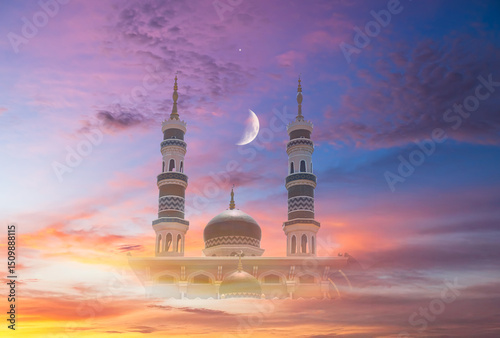 Canvas Print Masjid dome islam moon star night isra miraj namaz sunset background mubaruk greeting islam ramadan element masjid aqsa hajj kaaba umrah eid arabian religion islamic arab muslim greeting miraj kaaba