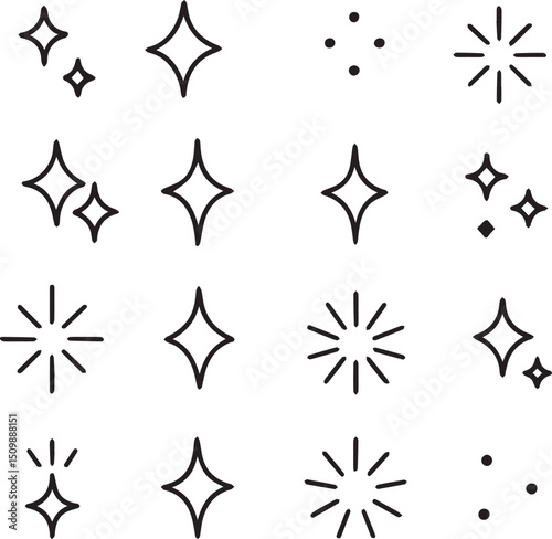 Doodle sparkle line art, decorative elements, burst design, abstract hand drawn symbols, vector icon set for graphic design, enhancing visual appeal, and creative digital illustrations white backgroun