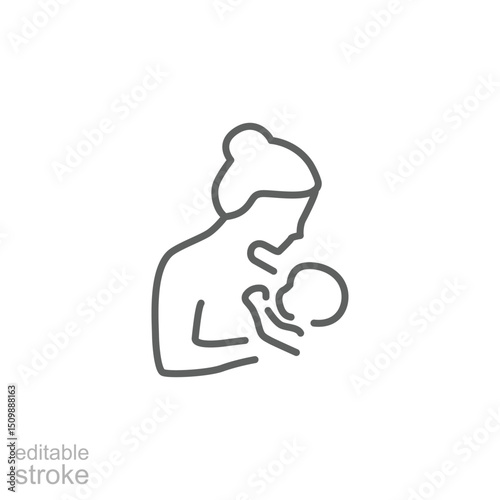 Breastfeeding, motherhood flat line icon. Simple outline style. A baby in a sling in a womans arms. Editable stroke