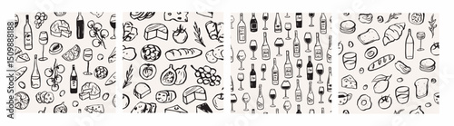 Set of hand drawn wine party seamless patterns