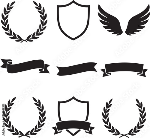 Laurel wreath, shield, wing, ribbon, and banners vector set. Laurel wreaths, shields, wings, ribbons illustration for awards, heraldry, logos, badges, and branding designs white background