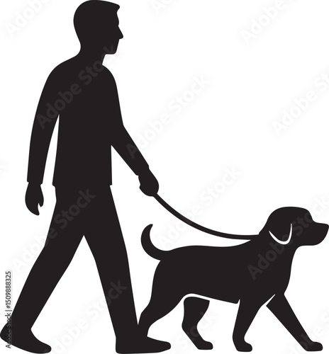 man and dog walking together vector illustration. Perfect for pet-related designs, projects. man, dog, simple, modern, minimal. Ideal for web, print, advertising, marketing, branding white background
