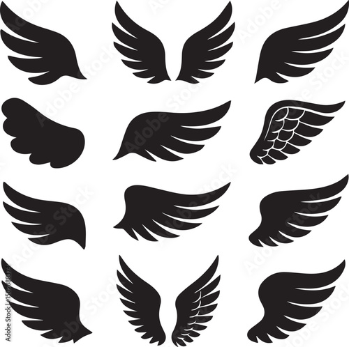 Wing vector collection, black wings silhouettes on white, ideal for logo, tattoo, sticker, decal design. Angel, bird, eagle wing illustrations, isolated, unique, bold, distinct, intricate details whit