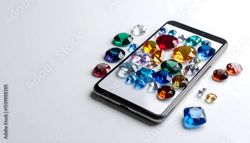 Wallpaper Mural Colorful gemstones scattered on and around a black smartphone on a white surface, symbolizing digital luxury and value. Torontodigital.ca
