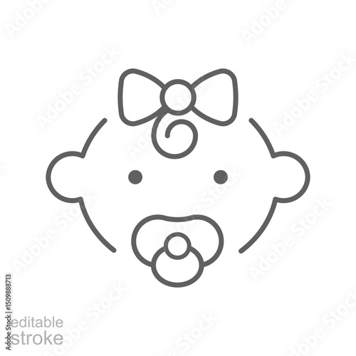 Baby girl with pacifiers line icon. Simple outline style. Infant face with pacifier and small curl. Ideal for childcare, newborn products. Editable stroke
