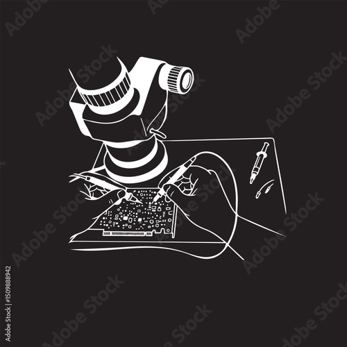 repairman work desk top vector sketch.  Engineer technician in workshop vector sketch. Repairman in gloves soldering electronic device board on table, hands top view vector sketch.