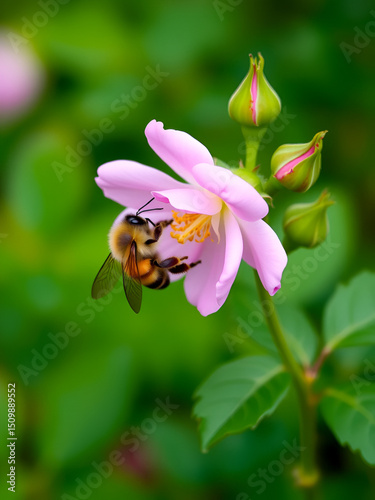 Honey bee pollinates pink rose flower blossom on green background. Collecting nectar from a flower