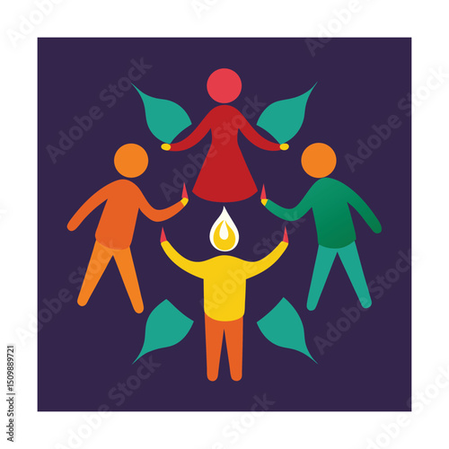 Colorful illustration of stylized figures celebrating unity and shared connection with vibrant elements.