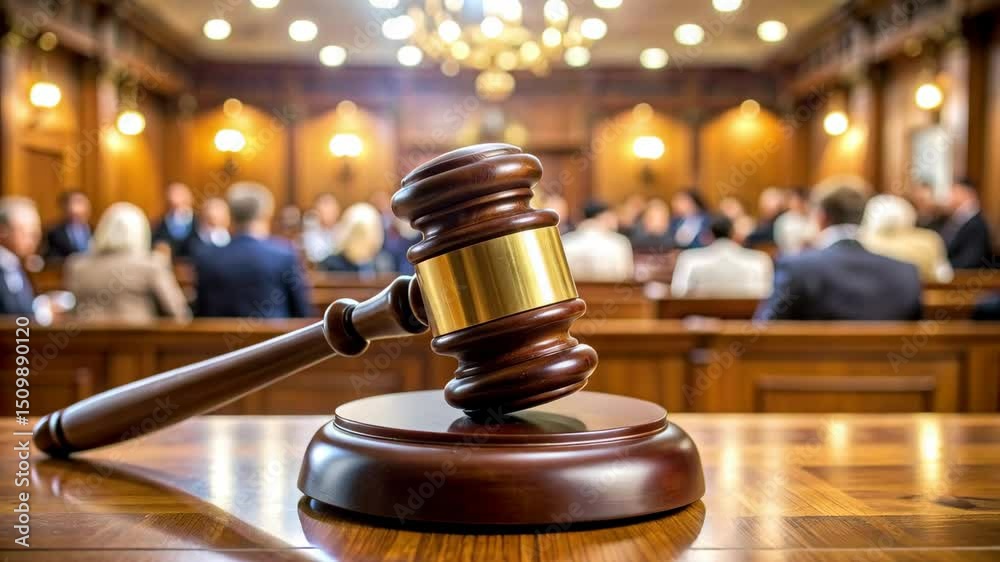 Wooden gavel rests on sound block in courtroom with jurors present during legal proceedings, symbol of justice and law.