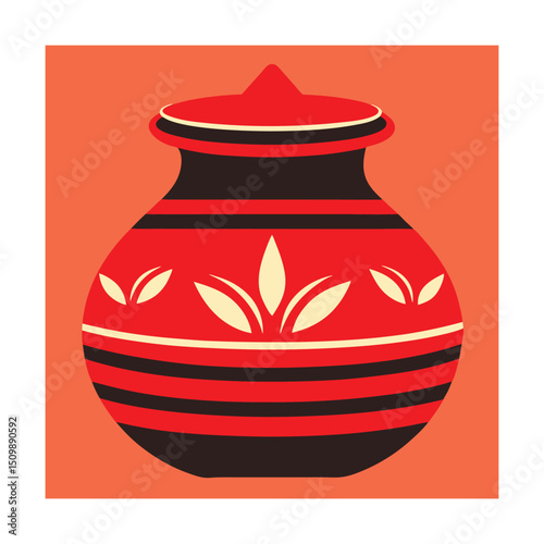 Decorative red and black ceramic pot with floral motifs and lid against an orange background