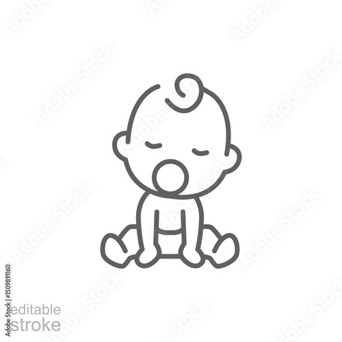 Baby sitting asleep line icon. Simple outline style. Cute toddler child. Baby with pacifier asleep in sitting position. Editable stroke
