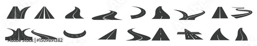 Curvy road elements. Perspective highway windings, winding road and highway path marking with direction signs. Vector isolated set
