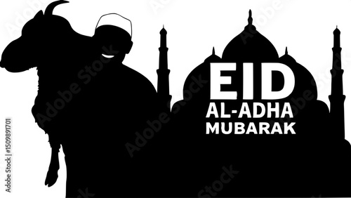 "A smiling Middle Eastern man with a goat on his shoulders, wearing an olive-green robe and white cap, against a stylized cityscape of mosque silhouettes, with 'EID AL-ADHA MUBARAK' in bold white lett