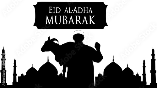 "A smiling Middle Eastern man with a goat on his shoulders, wearing an olive-green robe and white cap, against a stylized cityscape of mosque silhouettes, with 'EID AL-ADHA MUBARAK' in bold white lett