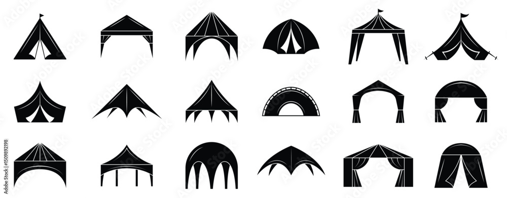 Naklejka premium Event tent. Marquee from black canvas pavilion for party events vector silhouettes collection. Folding canopy, wedding roof pavilion, canvas marque illustration 