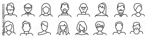 face various types signs black thin line icon set include avatar user portrait person head vector