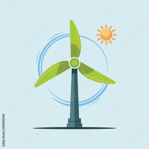 Flat Green Vector Illustration of a Wind Turbine Generating Clean Energy under the Sun, Representing Renewable Power, Sustainable Technology, and Eco Innovation