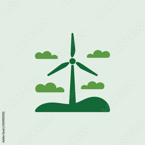 Vector Illustration of Wind Turbine Generating Green Power on Scenic Landscape with Flowers, Promoting Renewable Energy, Eco Solutions, and Environmental Awareness