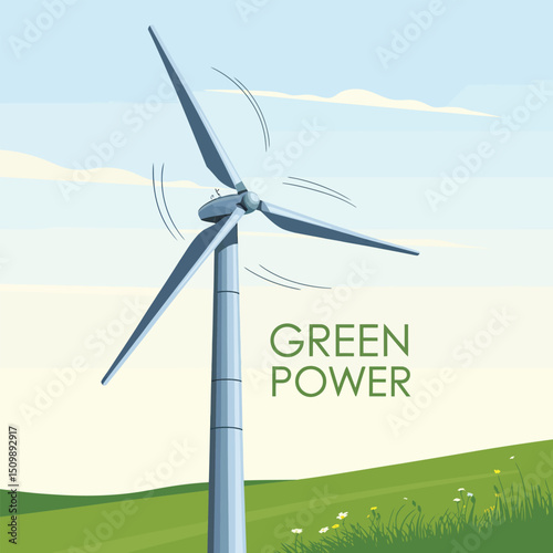 Flat Green Minimalist Icon of a Wind Turbine Surrounded by Clouds on a Hill, Symbolizing Renewable Energy, Eco-Friendly Infrastructure, and Climate-Conscious Power Sources