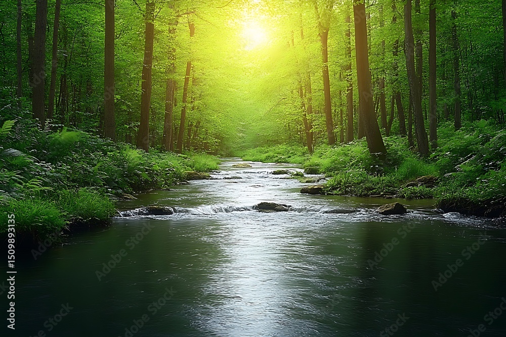 Obraz premium Sunlight streams through lush forest, tranquil river