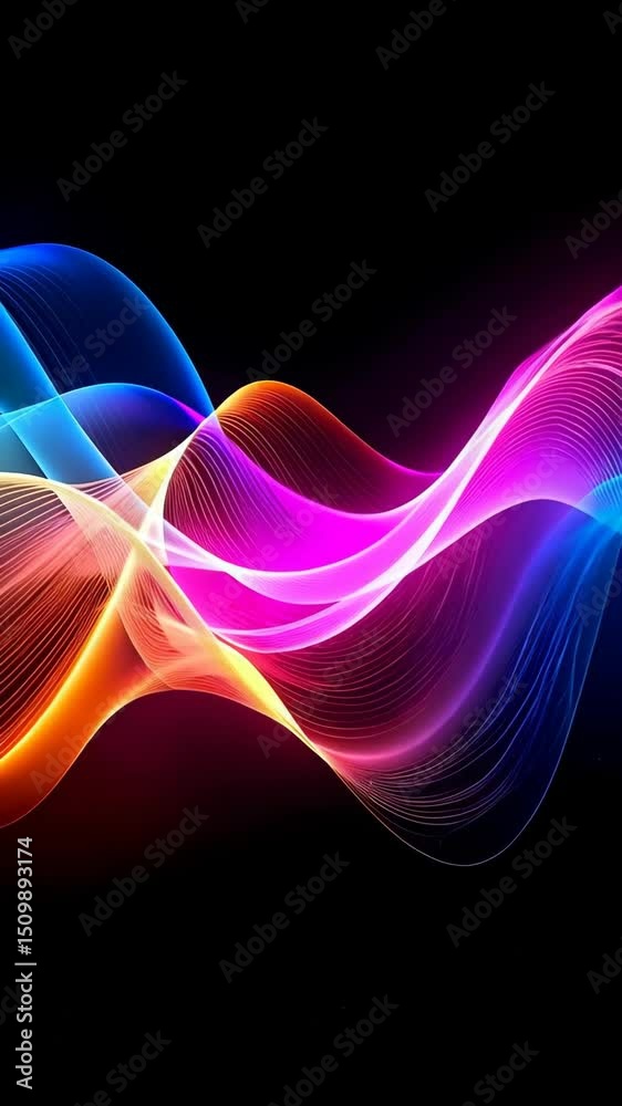 Abstract flowing light lines with vibrant gradient colors on a solid black background for modern design elements and visual effects