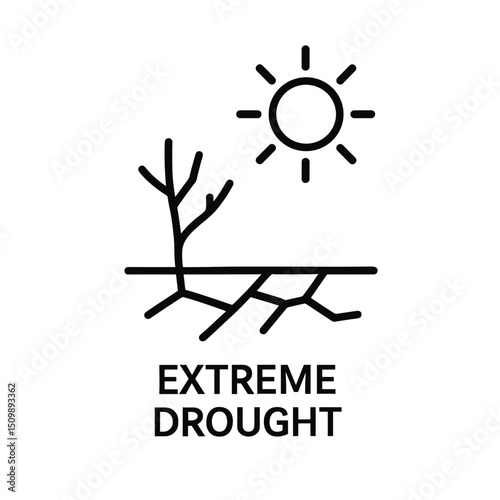 Outline icon of cracked dry ground and withered tree under hot sun representing extreme drought