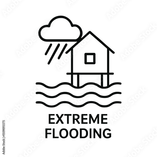 Outline icon of house elevated on stilts during heavy rain and extreme flooding event