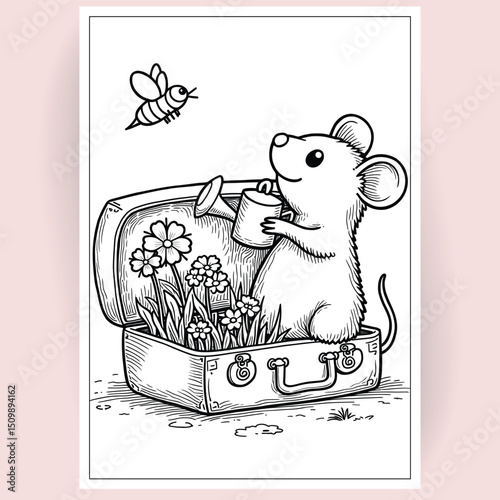 Adorable Mouse Gardener A Charming Coloring Page Featuring a Mouse Tending to Flowers in a Suitcase