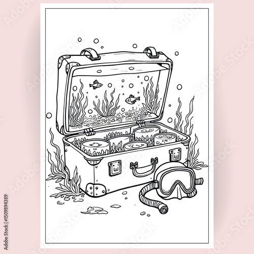 Underwater Adventure  A Vintage Suitcase Coloring Page Featuring Ocean Treasures