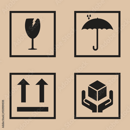 Fragile package icons set, cardboard fragile - handle with care logistics and delivery shipping labels. Fragile box, cargo warning vector signs