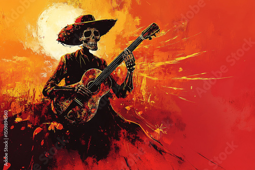 A Dia de los Muertos skeleton musician silhouette