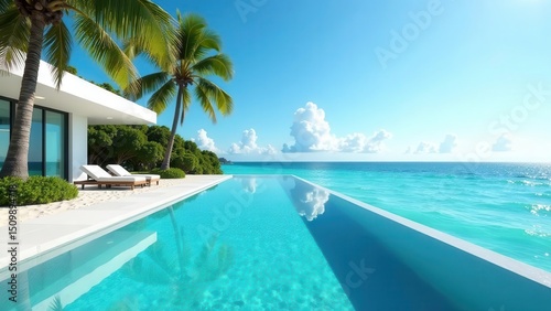 Tropical Getaway Modern Beachfront Villa with Infinity Pool and Lush Palm Trees