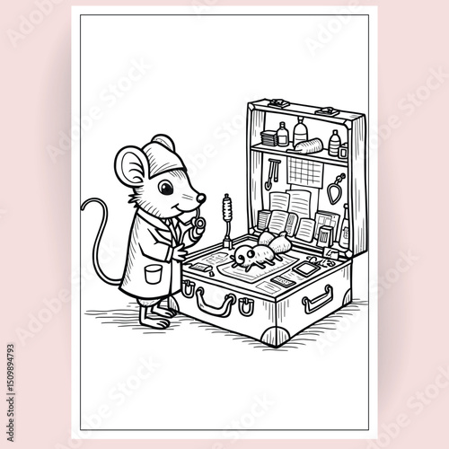 Adorable Mouse Doctor Coloring Page Tiny Patients and Medical Bag Illustration