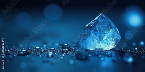 A single, translucent ice cube rests on a dark surface, surrounded by glistening droplets of water, illuminated by an ethereal blue glow.
