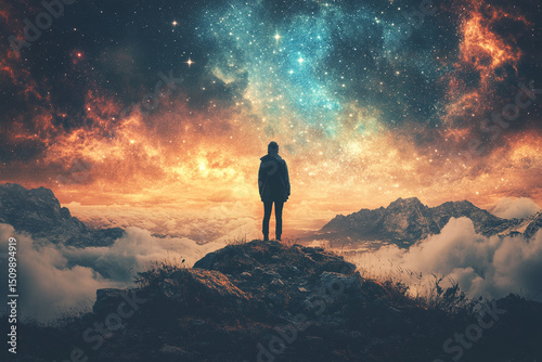 A dreamwalker floating between clouds and stars silhouette