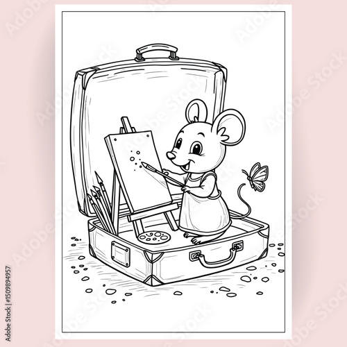Adorable Mouse Artist Painting Inside Suitcase A Charming Coloring Page