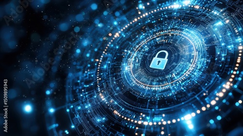 Digital security concept, padlock icon on a circuit board background, AI and cyber security technology for data protection or digital architecture design.