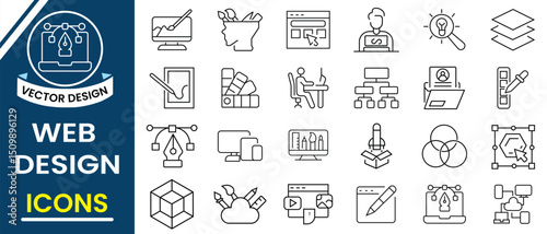 Web design icon set. Collection of web design icon, UI, UX, drawing, graphic design line icons. Vector illustration.