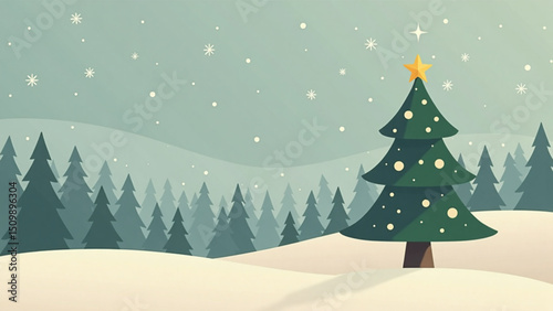 A Christmas tree on the background of a spruce forest with a star on top, a calm winter scene, a place for text