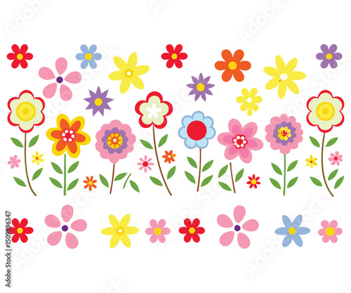 A colorful digital illustration of a variety of flowers in a whimsical, playful style