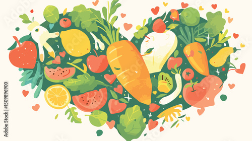 Healthy Heart: Fruits, Vegetables & Love. Vibrant, nutritious, and delicious diet concept. Perfect  