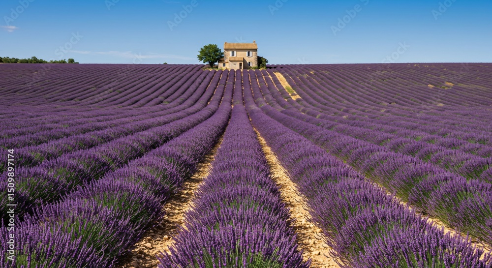 Fototapeta premium Lavender field on a clear summer day. Beautiful rows of purple flowers stretching into the distance. A serene natural landscape for wellness and relaxation.