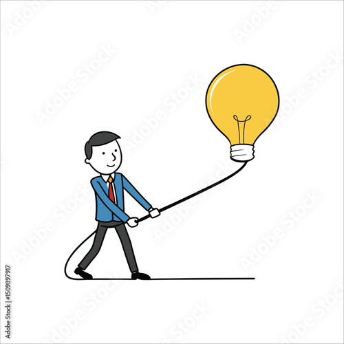 Cartoon of businessman work hard to pulling big light bulb idea logo vector illustration isolated on white background
