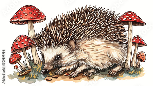 Adorable Hedgehog Amongst Autumn Mushrooms: Charming Vector Illustration for Kids' Books, Autumn    